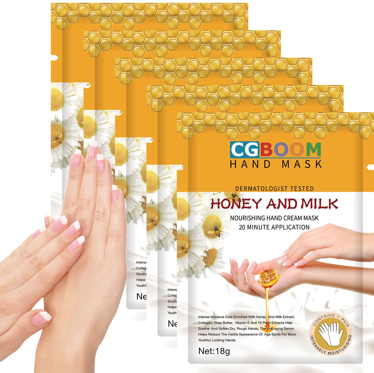 5 Pairs Hand Moisturizing Gloves Mask,Hand Skin Repair Renew Mask for Dry, Aging, Cracked Hands Intense Skin Nutrition Hand Cream Mask w/Collagen, Vitamins, Natural Plant Extracts (Honey and Milk)