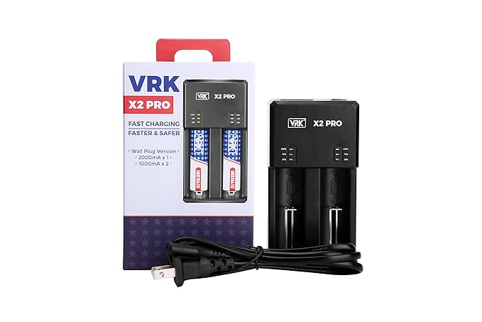 VRK X2 PRO 18650 20700 21700 Battery Charger Wall Plug and DC Connection - 2Amper Charging Speed - for Li-ion, LifePO4, Ni-Mh/Ni-cd, Military Grade Springs - Fire Resistant - Circuit Protection