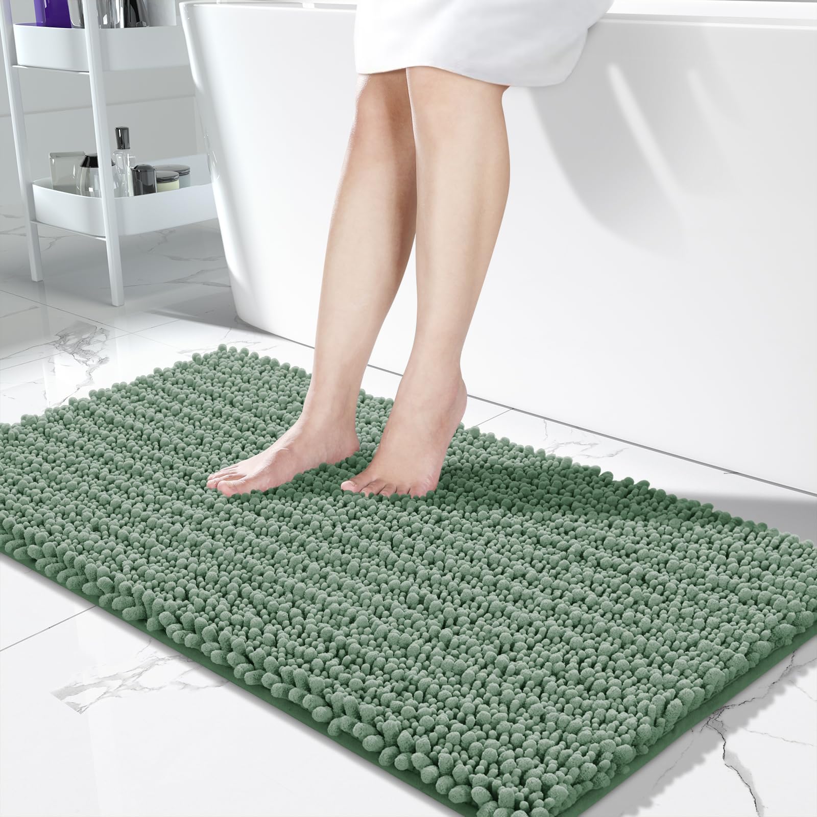 Photo 1 of Yimobra Bathroom Runner Rug 55x24 Inch - Extra Long Non Slip Chenille Bath Mat, Soft & Absorbent, Machine Washable Shaggy Hallway Carpet for Vanity Tub Shower, Green Home Decor Accessories