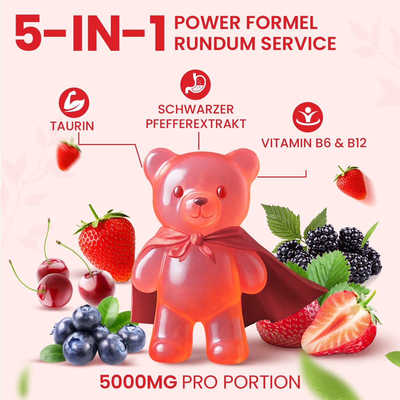 Creatin Monohydrat Gummibärchen 5000mg, Hochdosierte Kreatin mit Taurin, Vitamin B12 & B6, Alternative zu Kreatin Kapseln & Pulver, Vegan, Beerengeschmack, 60 Stück (1er Pack) 2