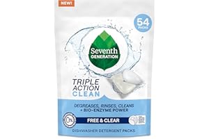 Seventh Generation Triple Action Clean Automatic Dishwasher Detergent Packs with Bio-Enzyme Power, Free & Clear, Fights 48-hour Stuck-on Food, 54 count