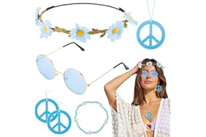 HENSAN 6PCS Hippie Costume Accessories Set, 60s70s Retro Hippie Glasses Peace Sign Earrings and Necklace Sunflower Hair Band