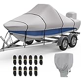 RVMasking Center Console Boat Cover, 1400D Center Reinforced, 17-19 ft | Trailerable Boat Cover with Motor Cover, Heavy Duty Marine Fabric, Waterproof, UV Resistant, Air Vents, fits 102" beam, Gray