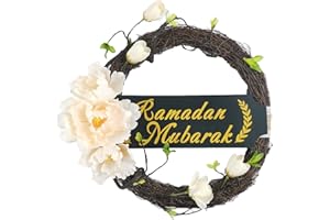 ELODIEAU Eid Ramadan Mubarak Artificial Wreaths for Front Door, 11.8inches Green Spring Hanging Floral Wreath,Islam Muslim Garland for Indoor and Outdoor Wall Window Home Party Decoration