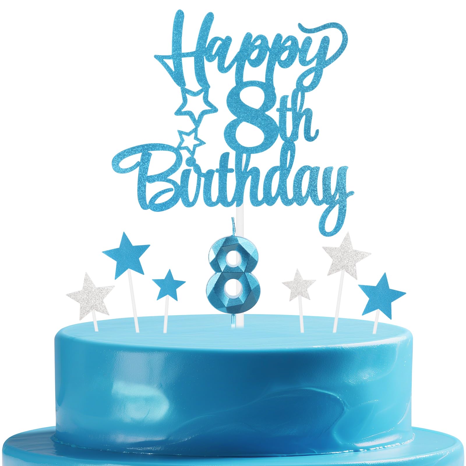 mciskin Blue 8th Birthday Candles Cake Toppers Set,3D Number 8 Candle for Cake,Light Blue Candles Silver Star Toppers for Girls Boys 8th Birthday Decorations Party Supplies