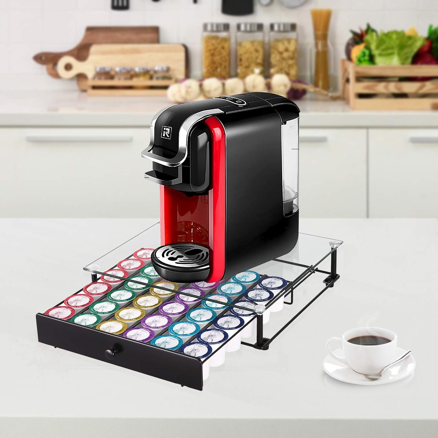 Coffee Pod Holder, Tempered Glass Top Coffee Pod Storage Drawer for K Cup Coffee Pods, Black Coffee Capsules Holder Compatible with 36 Pods, 6 Pods for Each Line: Kitchen & Dining