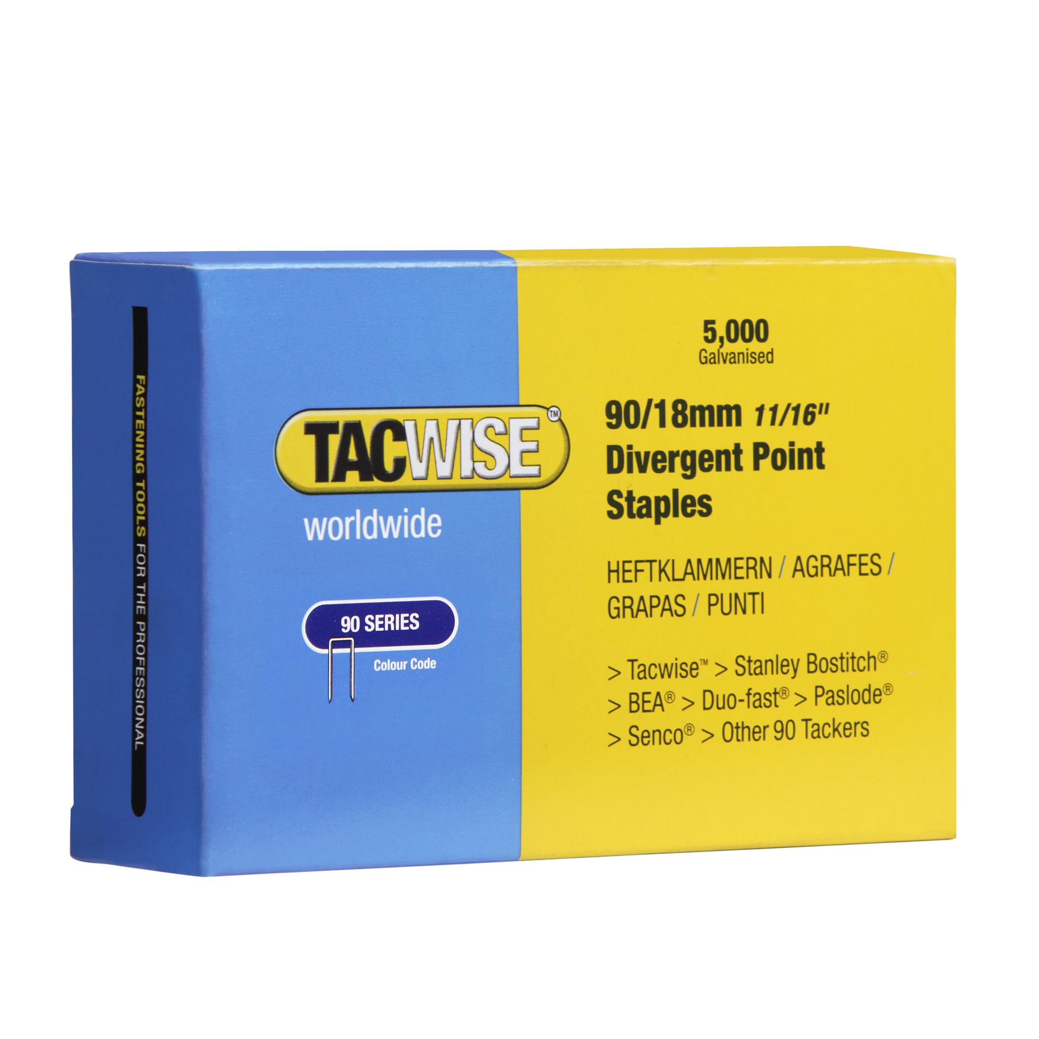 Tacwise 0312 Type 90 / 18 mm Galvanised Narrow Crown Staples, Divergent Point, Pack of 5000