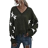 SEMATOMALA Women's Star V Neck Fringe Sweater Distressed Off Shoulder Sweater Ripped Loose Fit Knit Jumper Tops