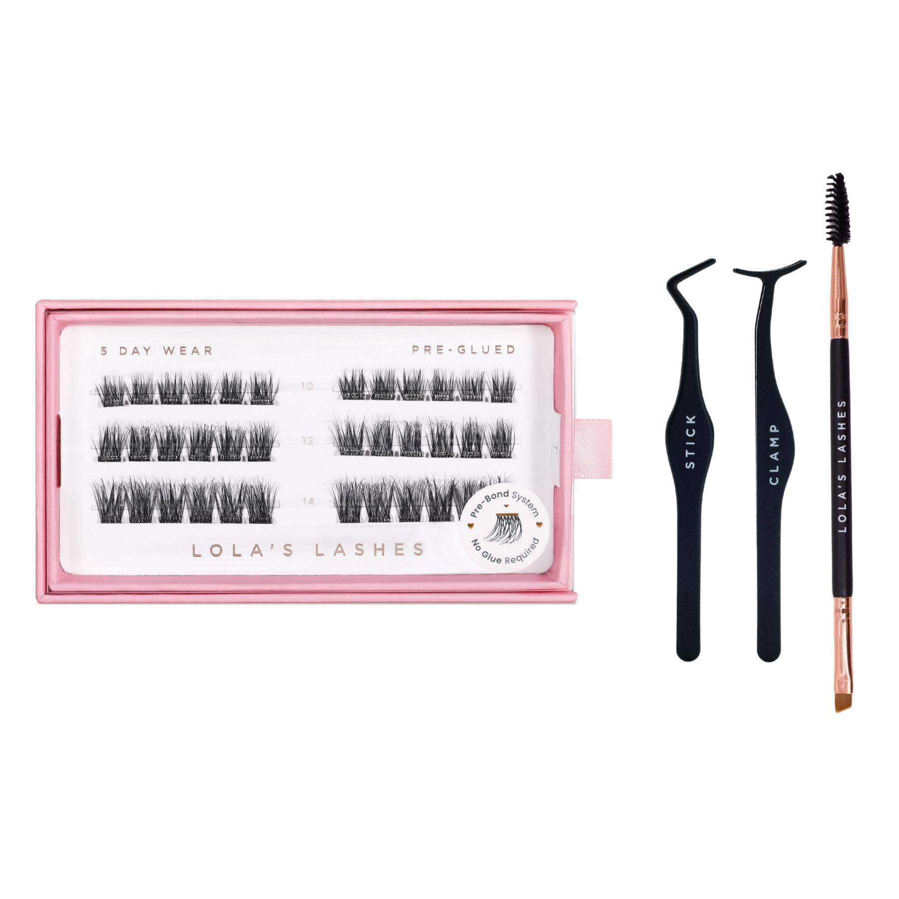 Lola's Lashes Pre-glued Lashes | Soft Wisp 3 Row Starter Kit | Pre-Glued Wispy Lashes | Easy Application | Application Tools Included | 5-10 Days Wear & Waterproof | 10-14mm