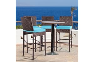 PATIO NOVAGARDEN Outdoor Bar Stools Set of 4 with Backs Wicker Counter Height Bar Stools for Patio Armless Tall High Top Chairs for Outside with Footrest Cushion Blue All Weather Brown Rattan