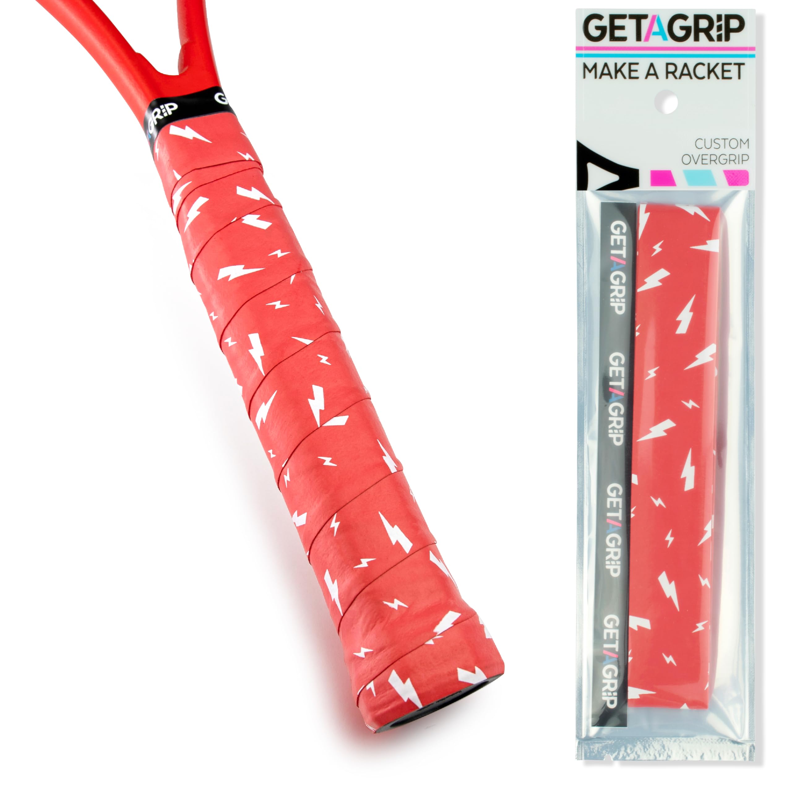 GET A GRIP - Custom Tennis Racket Grip Tape - Anti-Slip/Quick-Drying Tennis Overgrips - Precut Badminton Racket Grip with Finishing Tape - Squash Racket Grip Tapes (Charged Up (red), 1)
