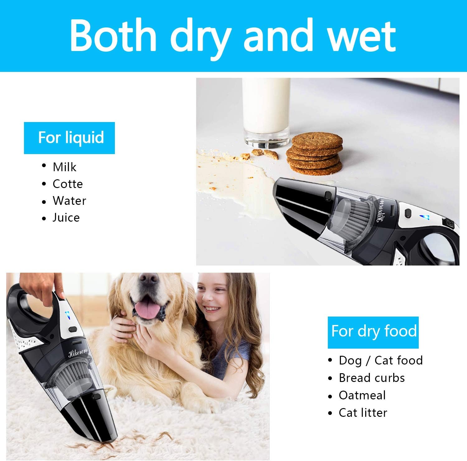 Handheld Vacuum, Hikeren 7Kpa Powerful Suction Wet & Dry Vacuum Cleaner, Handheld Vacuum Cordless with Quick Tech, Rechargeable Portable Handheld Vac with Stainless Steel HEPA Filter, Black -