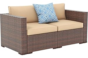 Patiorama Outdoor Wicker Loveseat 2 Pieces, All Weather Brown PE Rattan Sectional Corner Sofa Set, Additional Extra Chairs for Outdoor Sectional Sofa Set, Beige Cushion