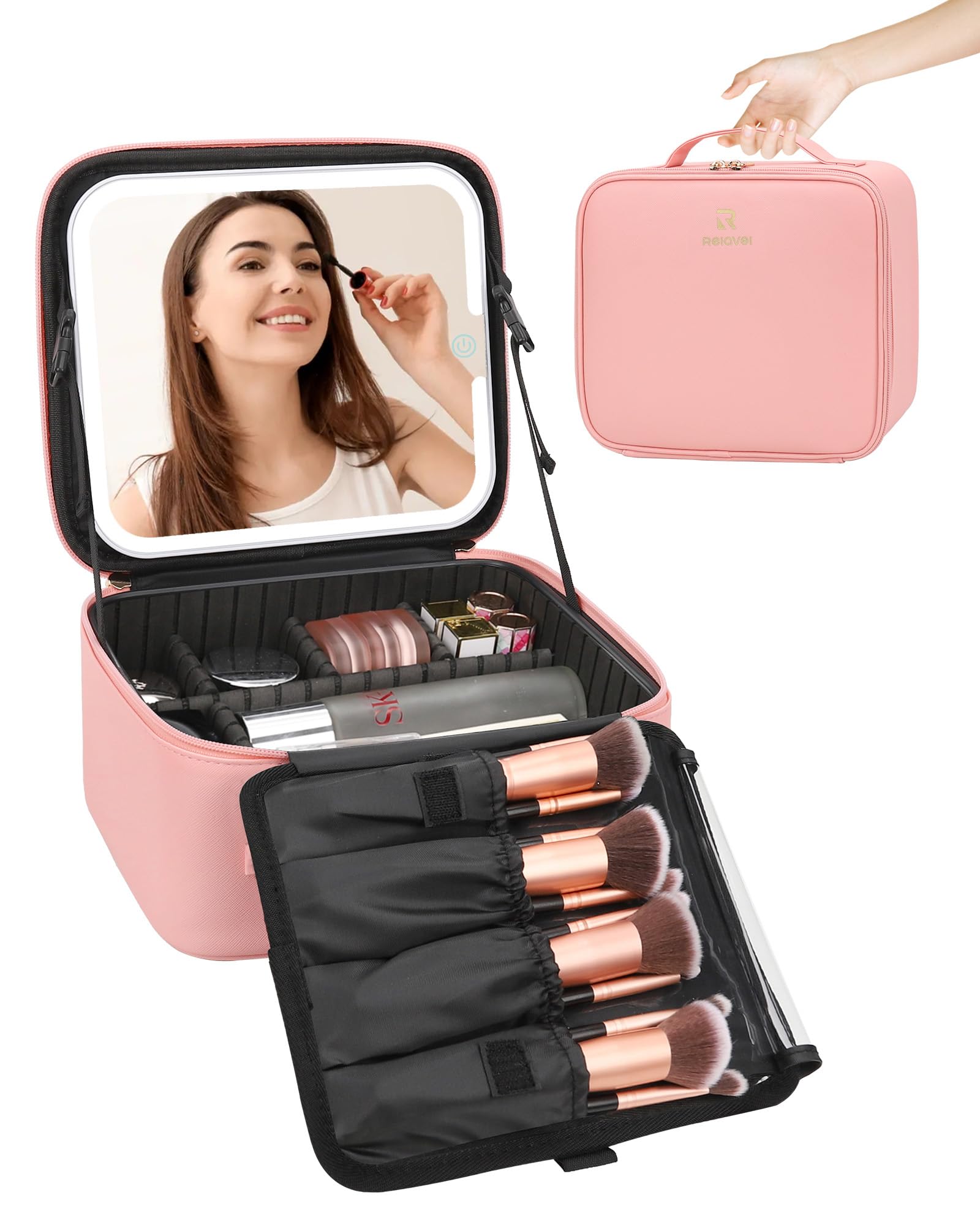 Travel Makeup Bag with LED Mirror-3 Colors Modes, Portable Makeup Organiser with Adjustable Dividers Compartment, Light Up Vanity Case, Makeup Storage for Women with Makeup Accessories,Pink
