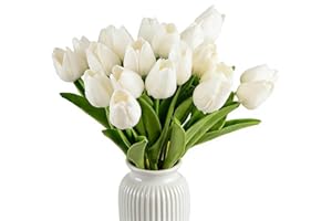 HoveBeaty Artificial Tulips Bridal Wedding Festival Decor Bouquet Real Touch PU Flower Bouquet Pack of 20 (White)