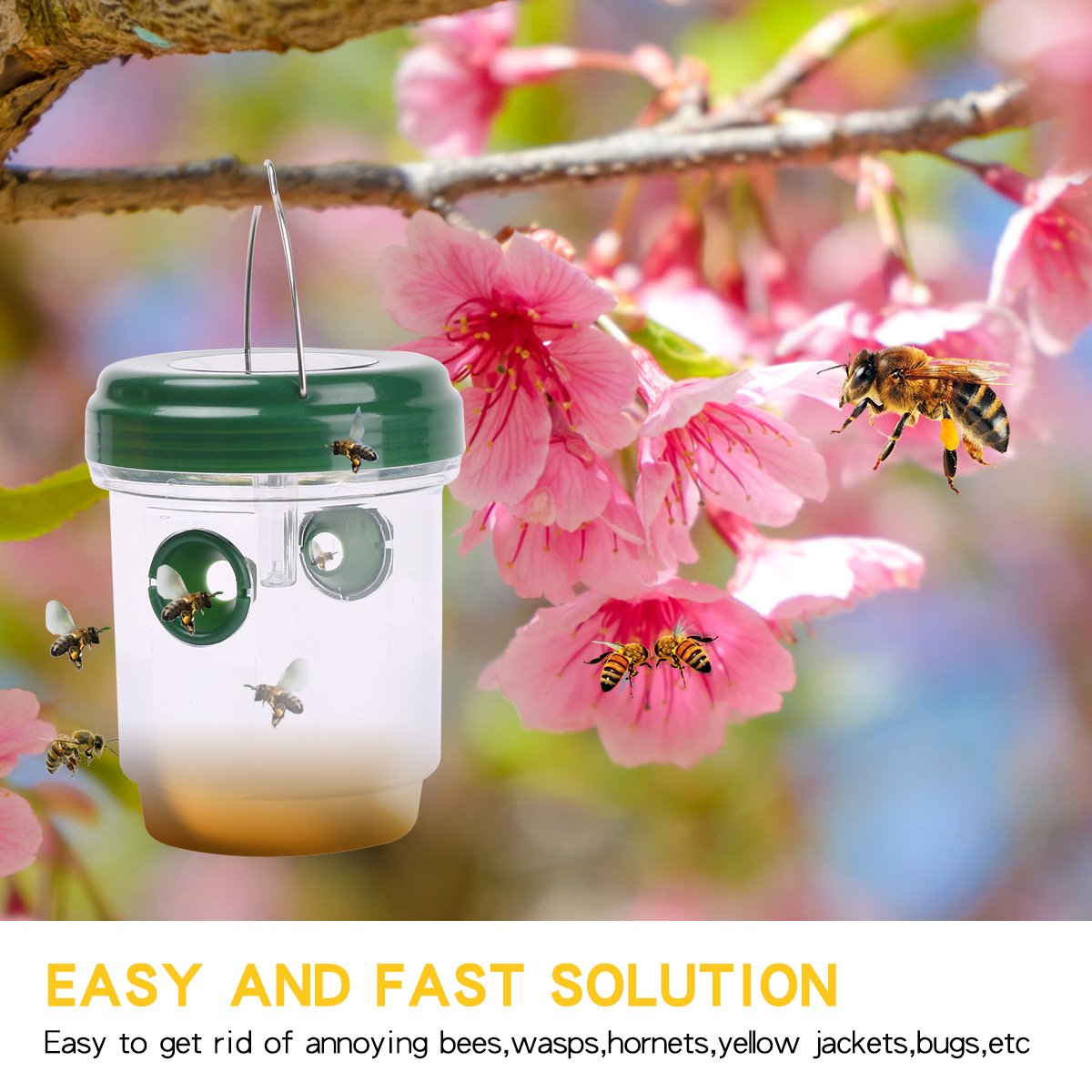 HUYIJJH Wasp Trap Catcher Solar Powered Killer Repellent Outdoor Reusable with Ultraviolet LED Light for Bees, Wasps, Hornets, Yellow Jackets and More (2 Pack)