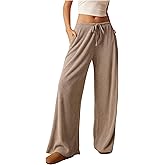 RoseSeek Women's Low Rise Wide Leg Pants Ribbed Knit Drawstring Waist Casual Lounge Trousers with Pockets