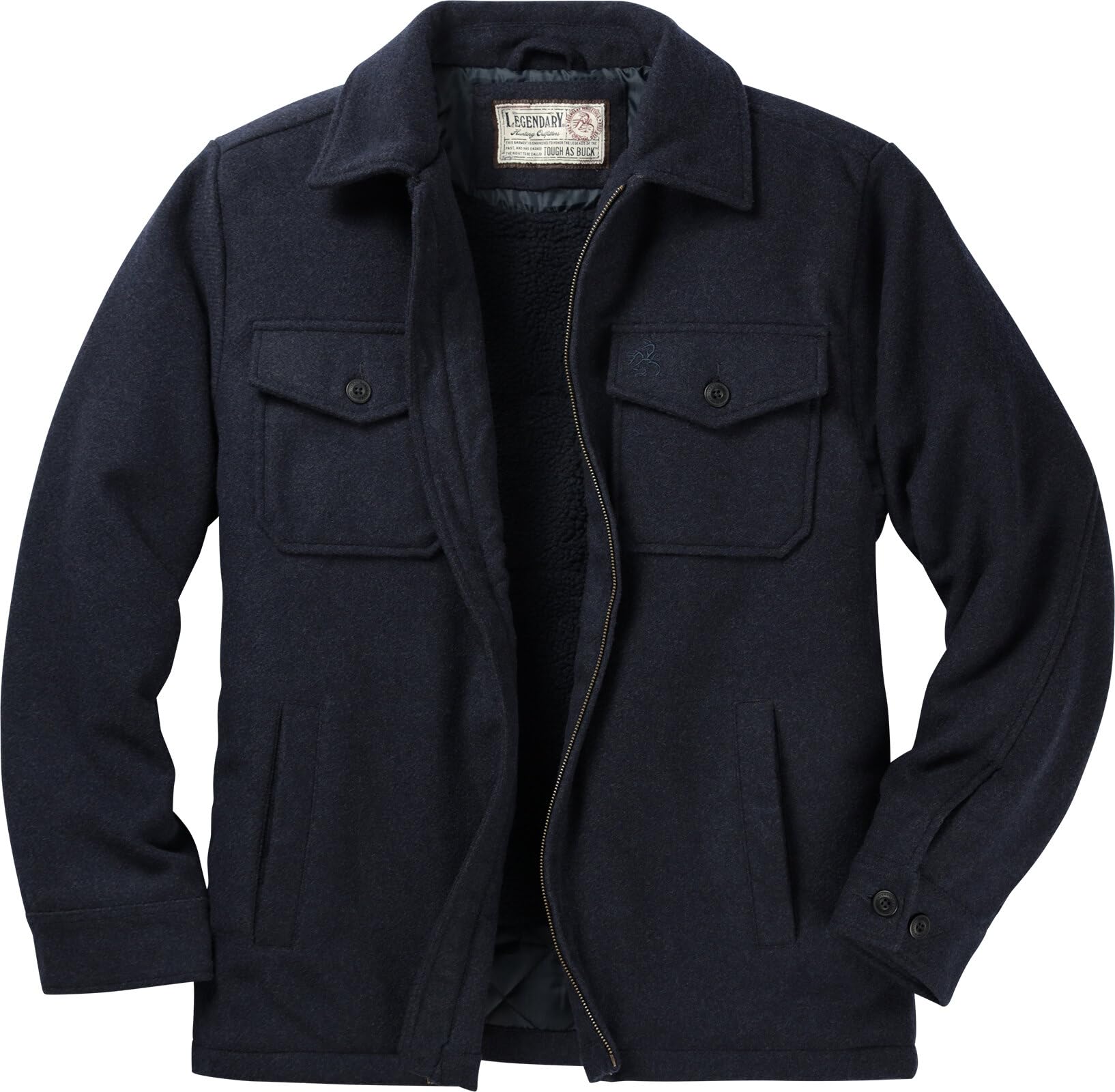 Legendary Whitetails Mens Wool Blend Jacket Quilted Satin Insulated Sleeves Sherpa Lined, Navy Heather, XL Image