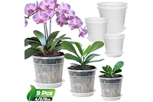 T4U Orchid Pot, 9 Pack Orchid Pots with Holes and Saucers for Repotting, 3 Each of 4.3, 5.5 and 6.3 Inch, Clear Plastic Flower Plant Pot for Indoor Outdoor Plants, Orchids Planter for Root Health