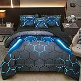 Tasselily Game Console Blue Comforter Set with Sheets, 6 Pcs Bed in A Bag Geometric Lightweight Boys Full Size Bedding Set for Kids Teens
