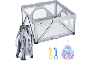 Jimglo Baby Playpen Foldable, Playard for Babies and Toddlers, Portable Playpen Activity Center with 50 Balls+2 Handles for Travel, Indoor & Outdoor Play Pen with Mesh 50''x50''(Grey)