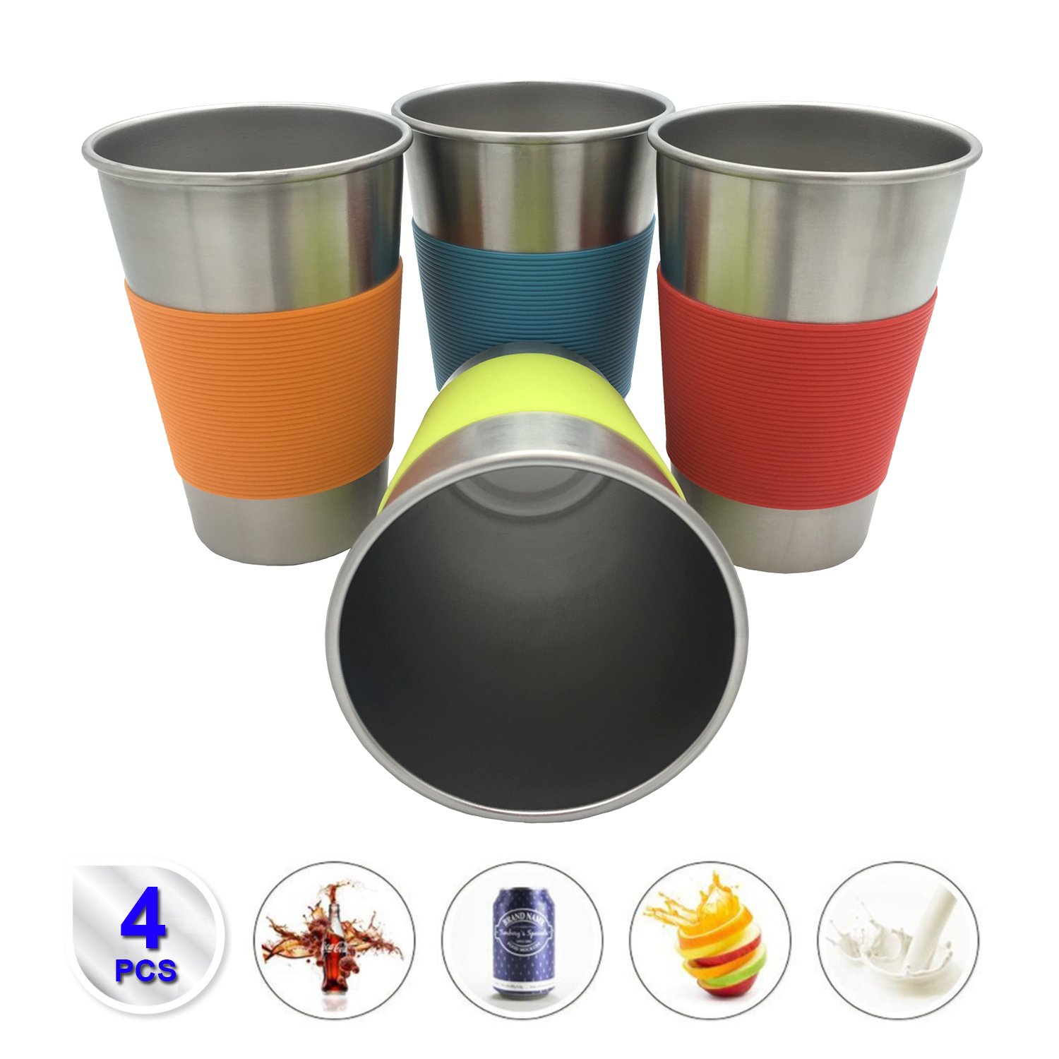 Stainless Steel 17 oz Pint Cup with Sleeves (4 Pack)-Unbreakable, Stackable,Premium Metal Drinking Glasses for Travel, Outdoor, & Everyday