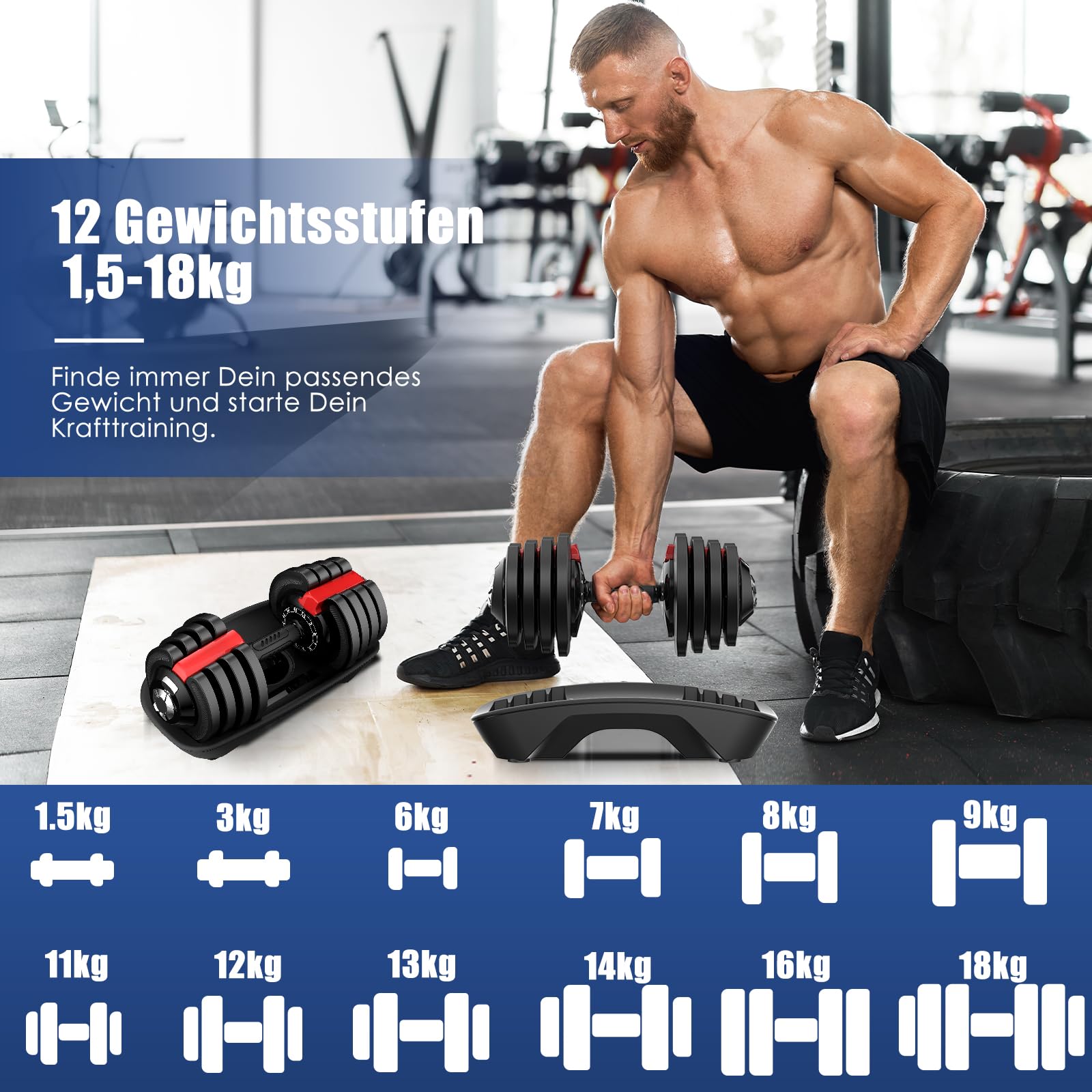 DH FitLife 18kg verstellbare Hanteln Set, 12 Stufen, Kurzhanteln 12-in-1 2