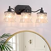 XvmBvm Bathroom Vanity Light Fixtures, 3-Light Vintage Matte Black Vanity Lights with Crystal Glass Shades, Farmhouse Bathroo