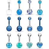 SCERRING Belly Button Rings 14G Stainless Steel Navel Belly Earring CZ Heart Opal Navel Ring Barbell Body Piercing Jewelry 12PCS