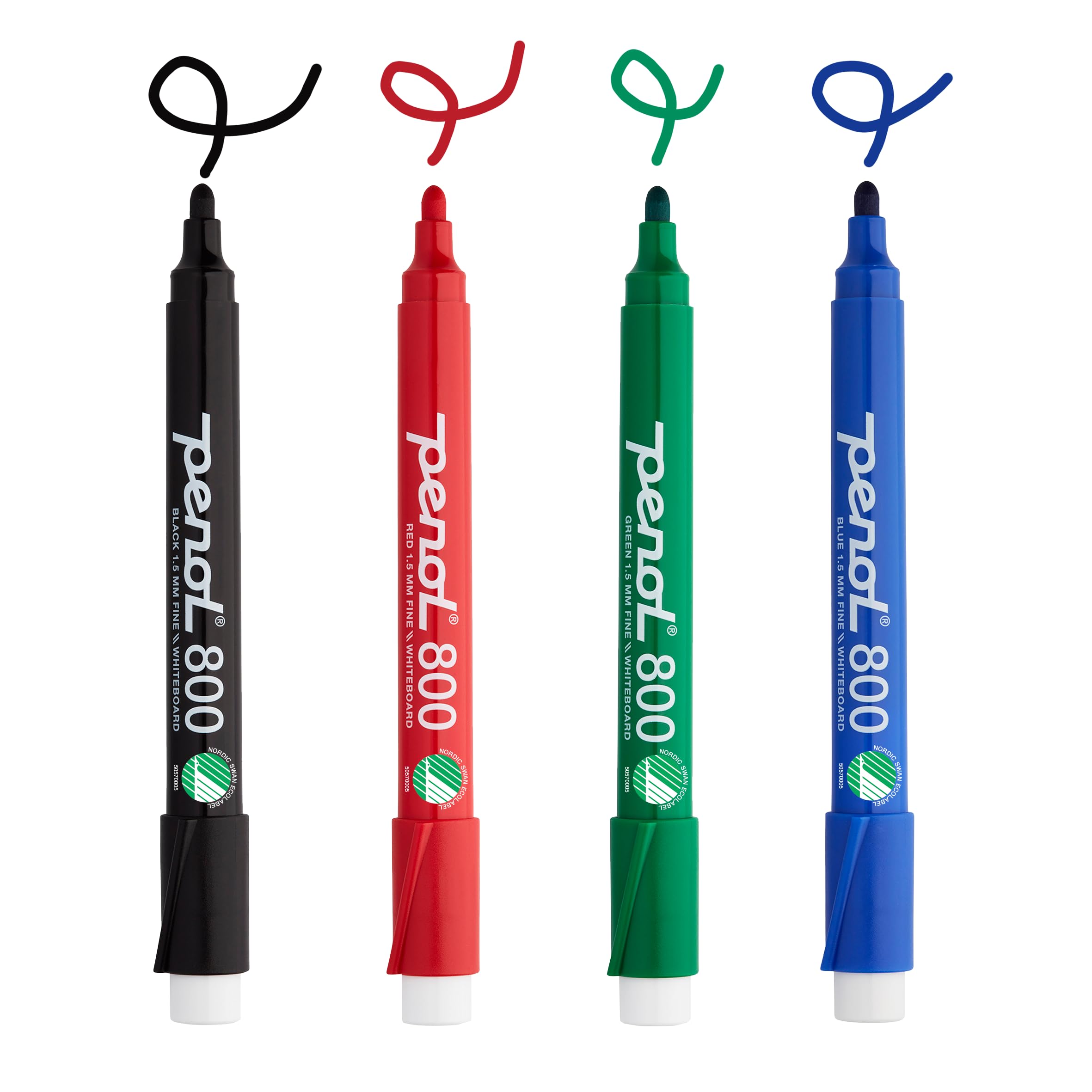PENOL OF SCANDINAVIA Whiteboard Marker - 800, 1.5mm Bullet tip with Nordic Swan Ecolabel - Quick-dry ink based on alcohol - NON-TOXIC & ODORLESS - Black, Blue, Red, Green (Pack of 4, 1 of each color)