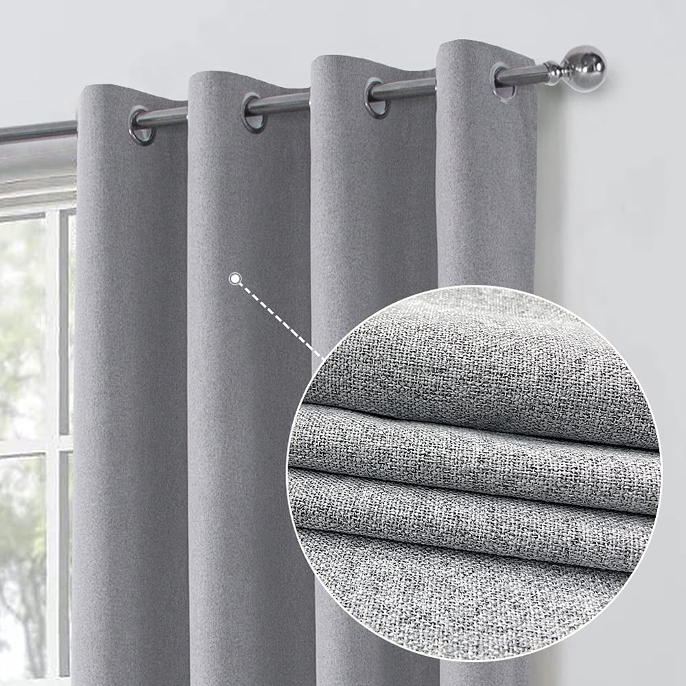 always4u 100% Blackout Curtains for Bedroom 1 Pair Modern Linen Look Window Treatment for Home Decoration 3-layer Fully Lined Thermal Curtain Grey 46x54