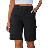 luvamia Bermuda Shorts for Women Knee Length Casual Summer Mid Rise Cargo Pockets Knit Elastic Waist 11 Inch Inseam Shorts