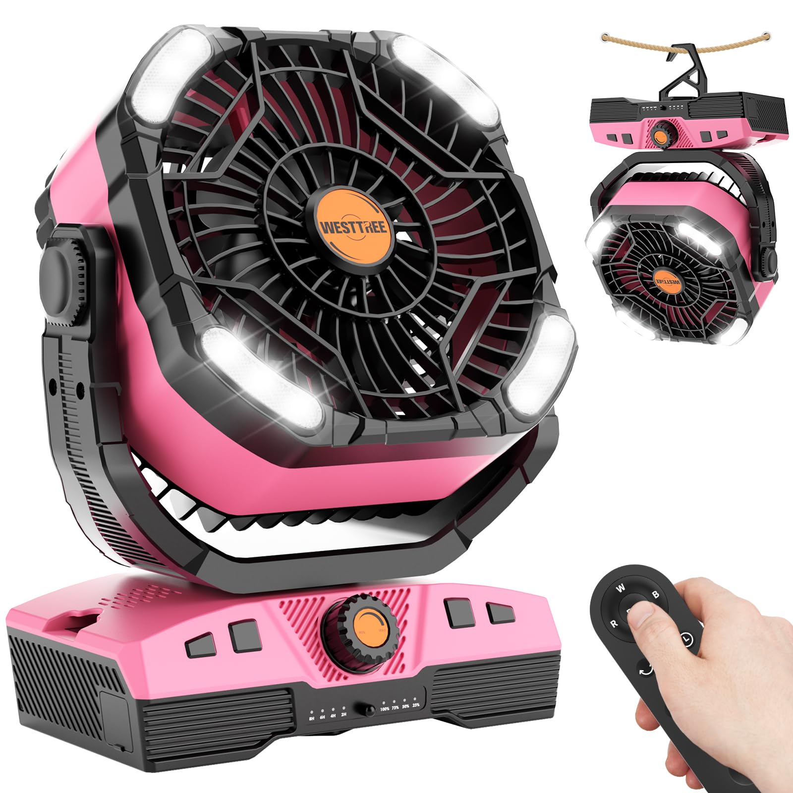 WESTTREE Camping Fan Oscillating Portable Fan 20000mAh Battery Powered Fans Rechargeable Camping Tent essentials Light Hook 270° Pivot USB Desk Outdoor Battery Operated X68 Pink Image