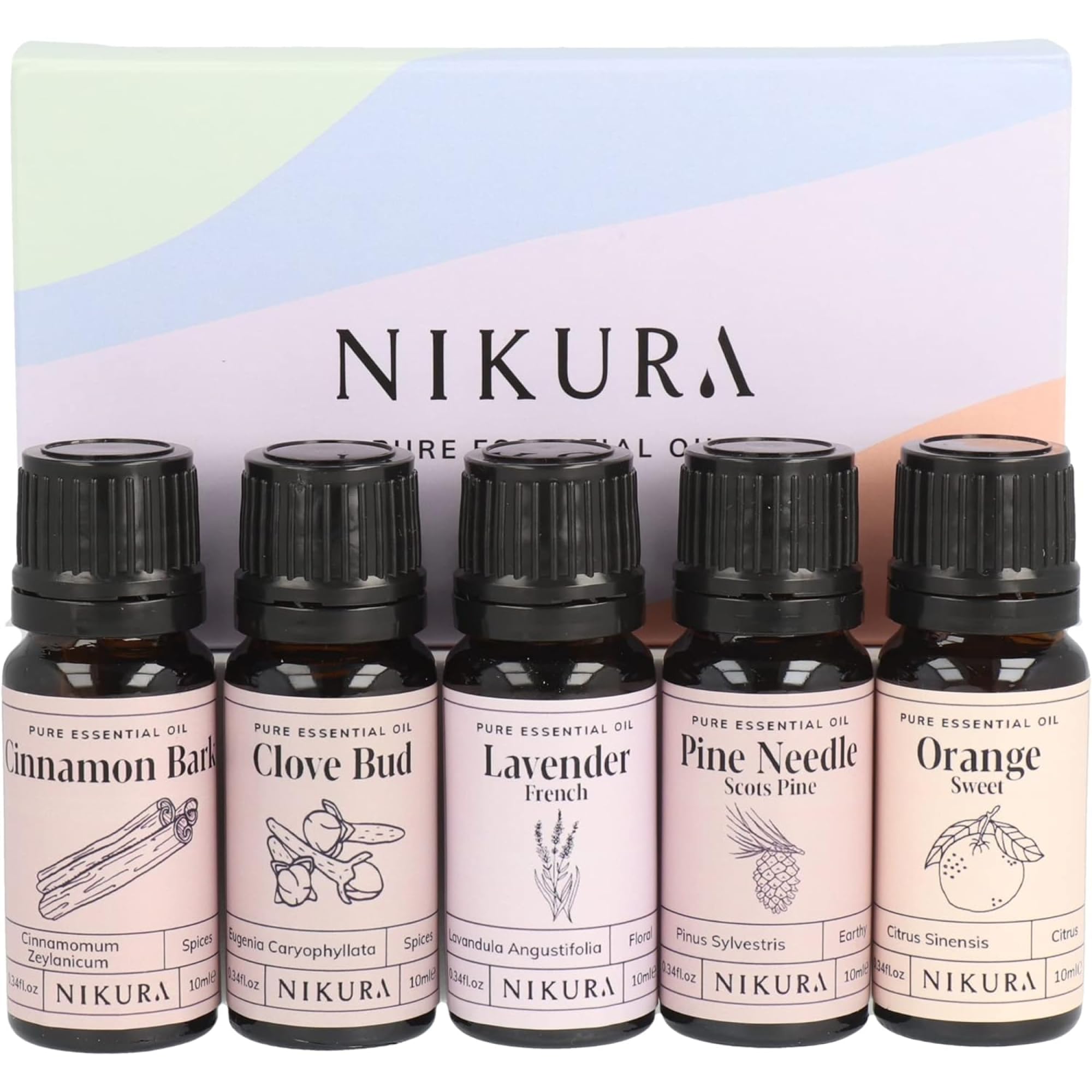 Nikura Winter Essential Oils Gift Set - 5 x 10ml | Essential Oils for Diffusers for Home, Aromatherapy, Candle & Soap Making | Cinnamon Bark, Clove Bud, Lavender, Pine, Sweet Orange | UK Made