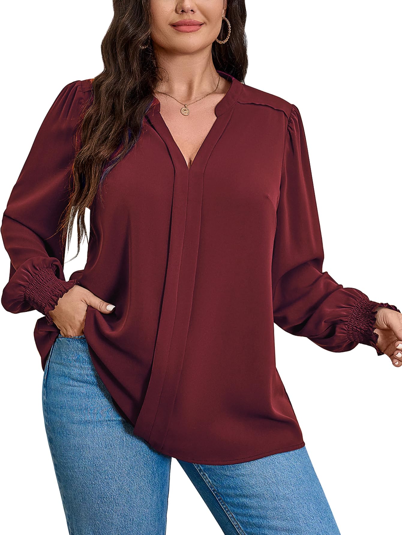 SCOMCHIC Plus Size Blouses for Women Dressy Casual V Neck Long Sleeve ...