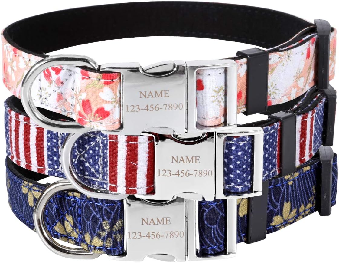 Mogoko Custom Engraved Nylon Dog Collar, Personalized ID Name/Phone/Address Engraved Puppy Pet Collars with Metal Buckle for Small Medium Large Dogs