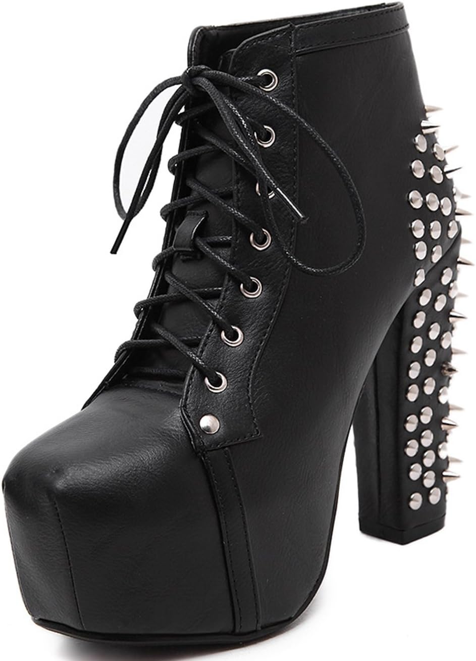 D2C Beauty Women's Studded Platform Chunky High Heel Lace Up Ankle Booties