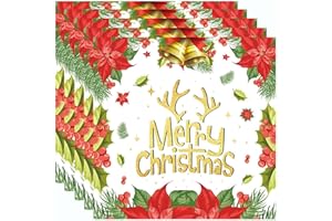 40Pcs Christmas Antler Paper Napkins 6.5x6.5 Diposable Xmas Decorative Guest Towels Poinsettia Bells Holly Gold Merry Christm