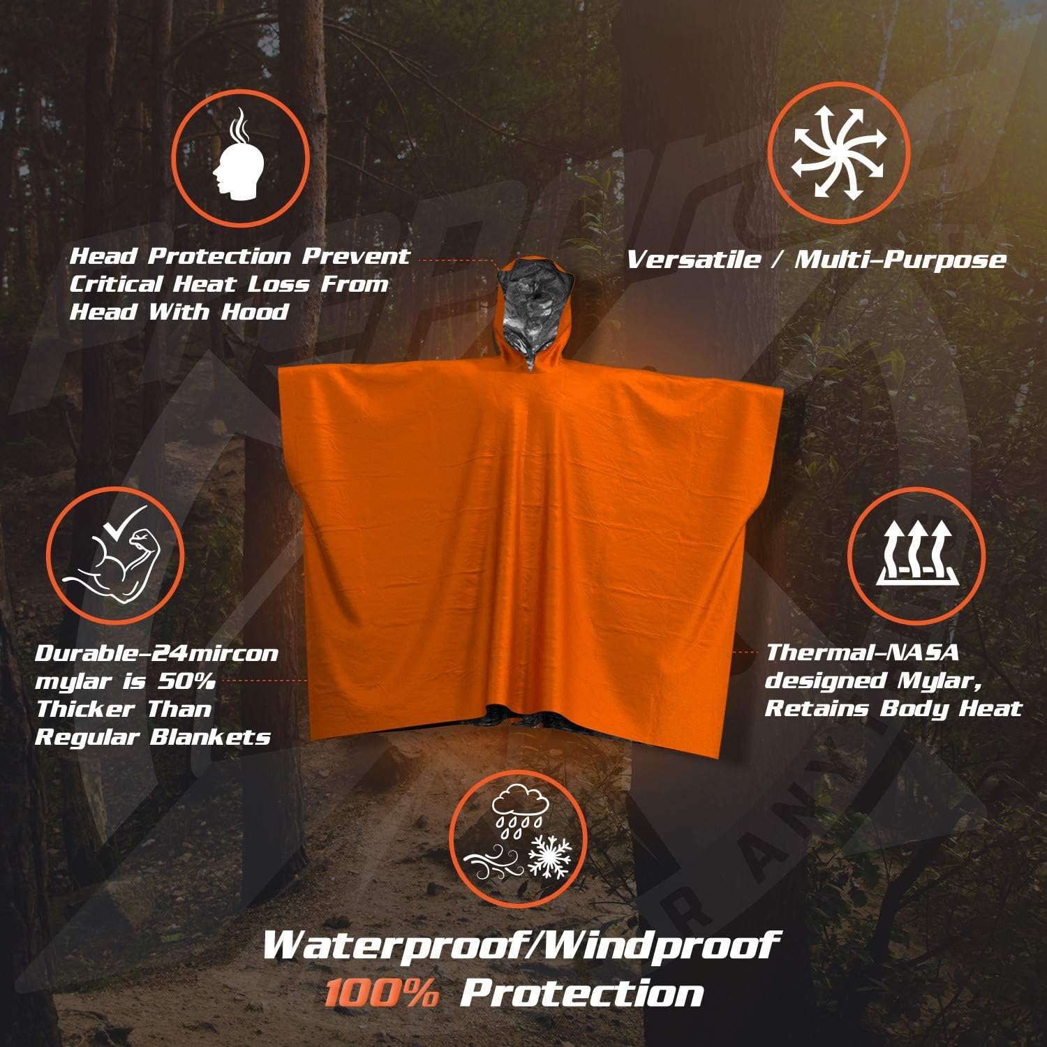 Emergency Blanket Poncho - Keeps You and Your Gear Dry and Warm | Survival Gear and Equipment for Outdoor Activity | Camping and Hiking Gear | Thermal Mylar Space Rain Ponchos | 4 Pack (Orange): Home & Kitchen