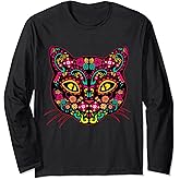 Cat Sugar Skull Dia De Los Muertos Flowers Gato Day of dead Long Sleeve T-Shirt