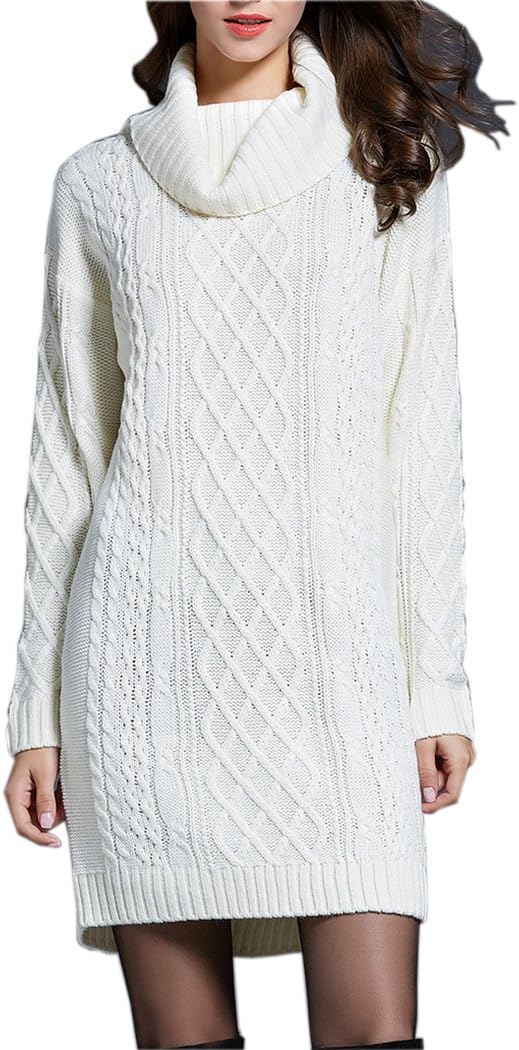 Women's Long Sleeve Turtleneck Knit Thick Cable Pullover Sweater Dress