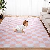 Super Soft Rug for Bedroom, 5x7 Ft Pink and White Area Rug Classic Checkered Shaggy Anti-Skid High Pile Soft Fluffy Rug Fuzzy Carpet for Living Room Bedroom Kids Room Nursery, Dorm Home Decor