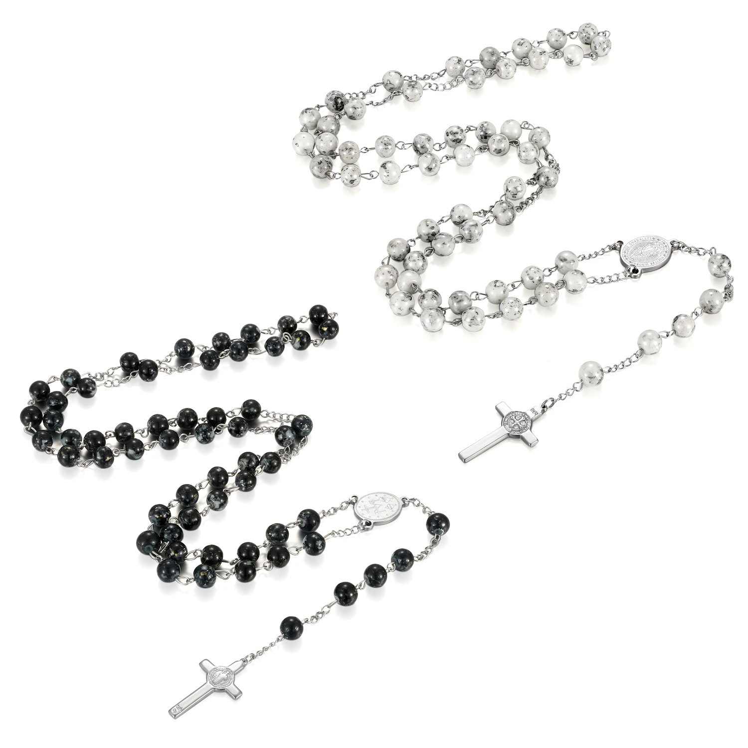 Flongo Men's Women's 2PCS Vintage Stainless Steel Glass Beads Jesus Christ Cross Rosary Pendant Necklace, 33 inch