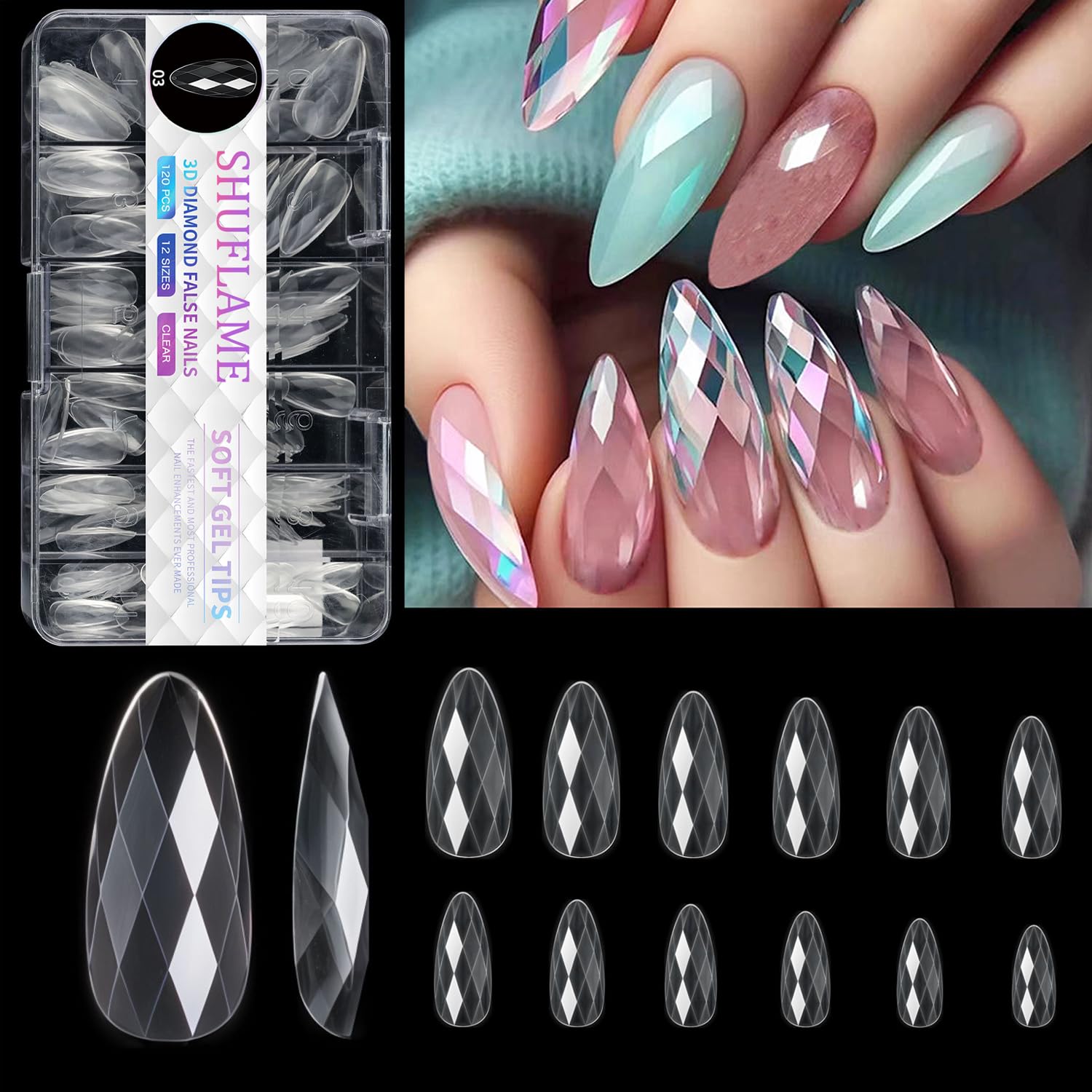 Photo 1 of 120pcs Medium Almond Nail Tips, Shuflame 3d Diamond-Shaped Nail Tips For Acrylic Nails, 12 Sizes Full Cover Clear Press-On Tip, Natural Rhombus Lattice, Suit For Chrome Nail Powder