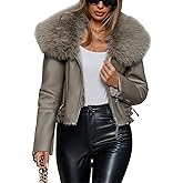 Bellivera Women's Faux Leather Jacket Moto Biker Sherpa-Lined Coat with Removable Fur Collar