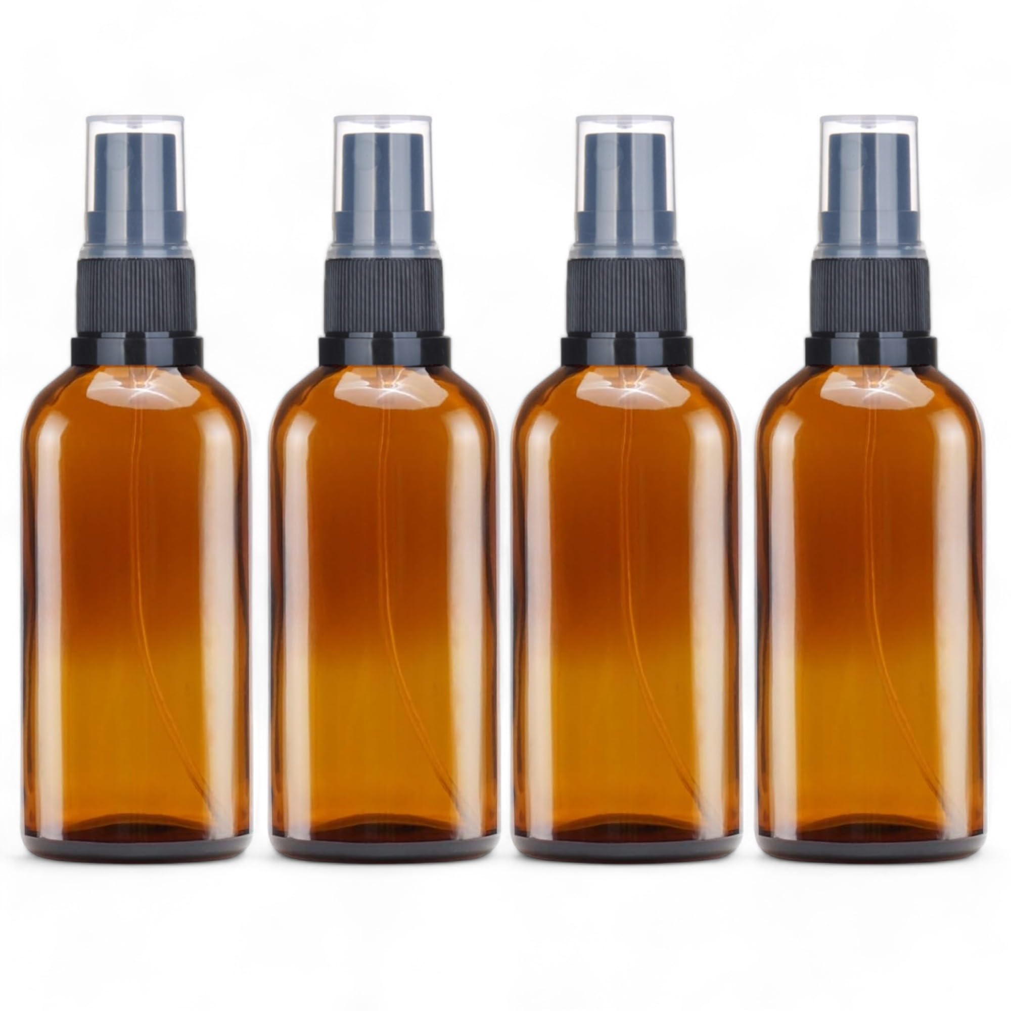Avalon 100ml Amber Glass Bottles with Black Atomiser Spray ~ Pack of 4 ~ Refillable, Reusable, and Travel Sized ~ Perfect for Aromatherapy, Perfumes, Essential Oils, Aftershaves, and More