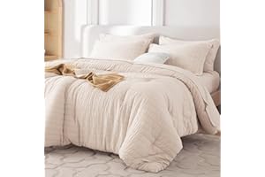 MUXHOMO 7 Pieces Queen Comforter Set, Seersucker Bed in a Bag Queen Size, All Season Luxury Bedding Set with Comforter, Flat Sheet, Fitted Sheet, Pillowcases & Shams, Beige