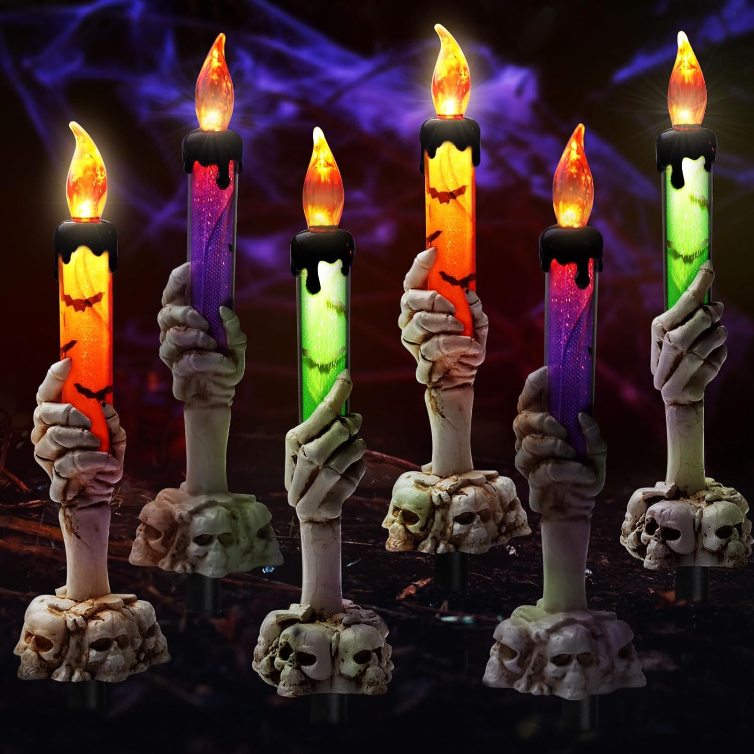 Decorative Garden Stakes - BAOLYDA Halloween Decorations, 6 Pack Skeleton Hands Hold Lighted Candle Light Stakes, Waterproof Candle Light Stakes for Tabletop, Indoor Outdoor Party, Lawn Yard Garden (Oval)