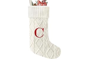 Yoochee 21 Inches Knitted Christmas Stockings with Initials, Large White Custom Monogram Embroidery Christmas Stockings with Letter, Personalized Xmas Decoration for Holiday Family Party-C