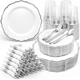 Glowserve 350PCS Plastic Plates Sliver Disposable Dinnerware for 50 Guests | 100 Plastic Plates,150 Silverware,50 Plastic Cups,50 Rolled Napkins,BPA Free,Perfect for Wedding, Party, Back to School